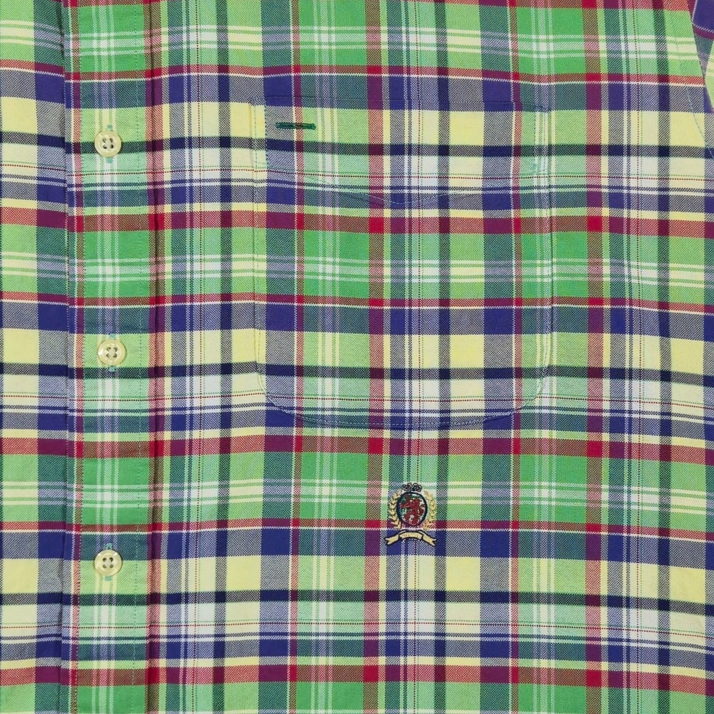 Vintage Tommy Hilfiger Shirt Mens L Green Red Blue Plaid Crest Logo Preppy Y2K - Picture 4 of 9